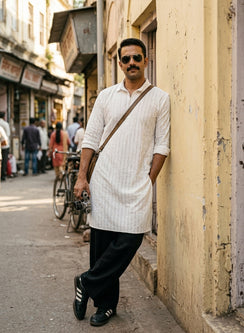 White - Nawab Cotton Vertical Design Full Jaal Chikankari Long Kurta