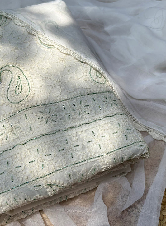 White & Green Katdana - Nayaab Cotton Terry Voile Full Fabric