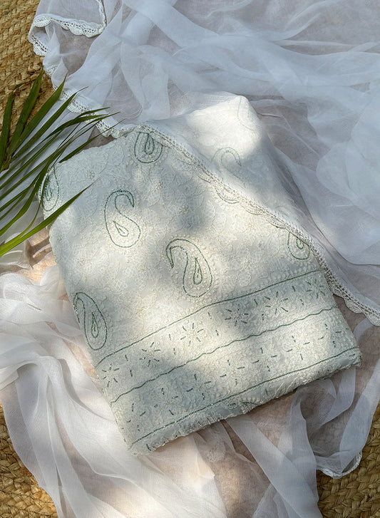 White & Green Katdana - Nayaab Cotton Terry Voile Full Fabric