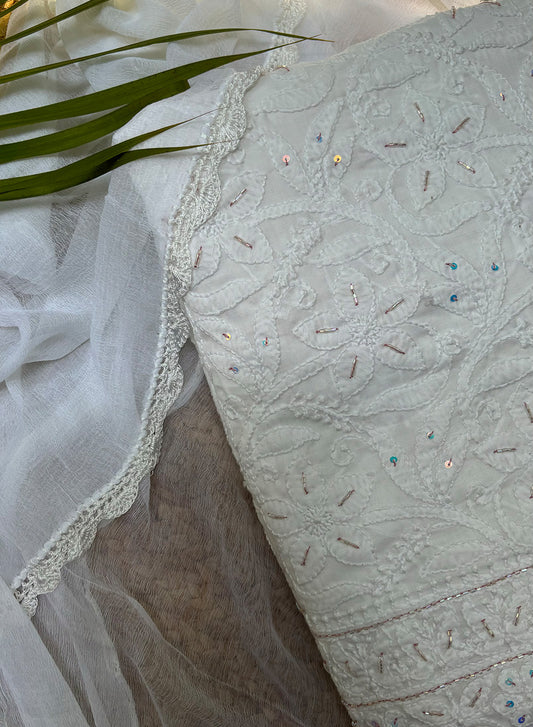 White & Pink Katdana - Nayaab Cotton Terry Voile Full Fabric