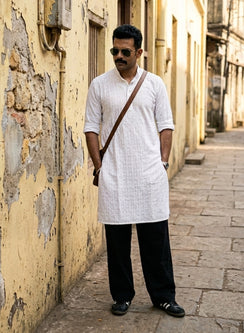 White - Nawab Cotton Vertical Design Front Jaal Chikankari Long Kurta