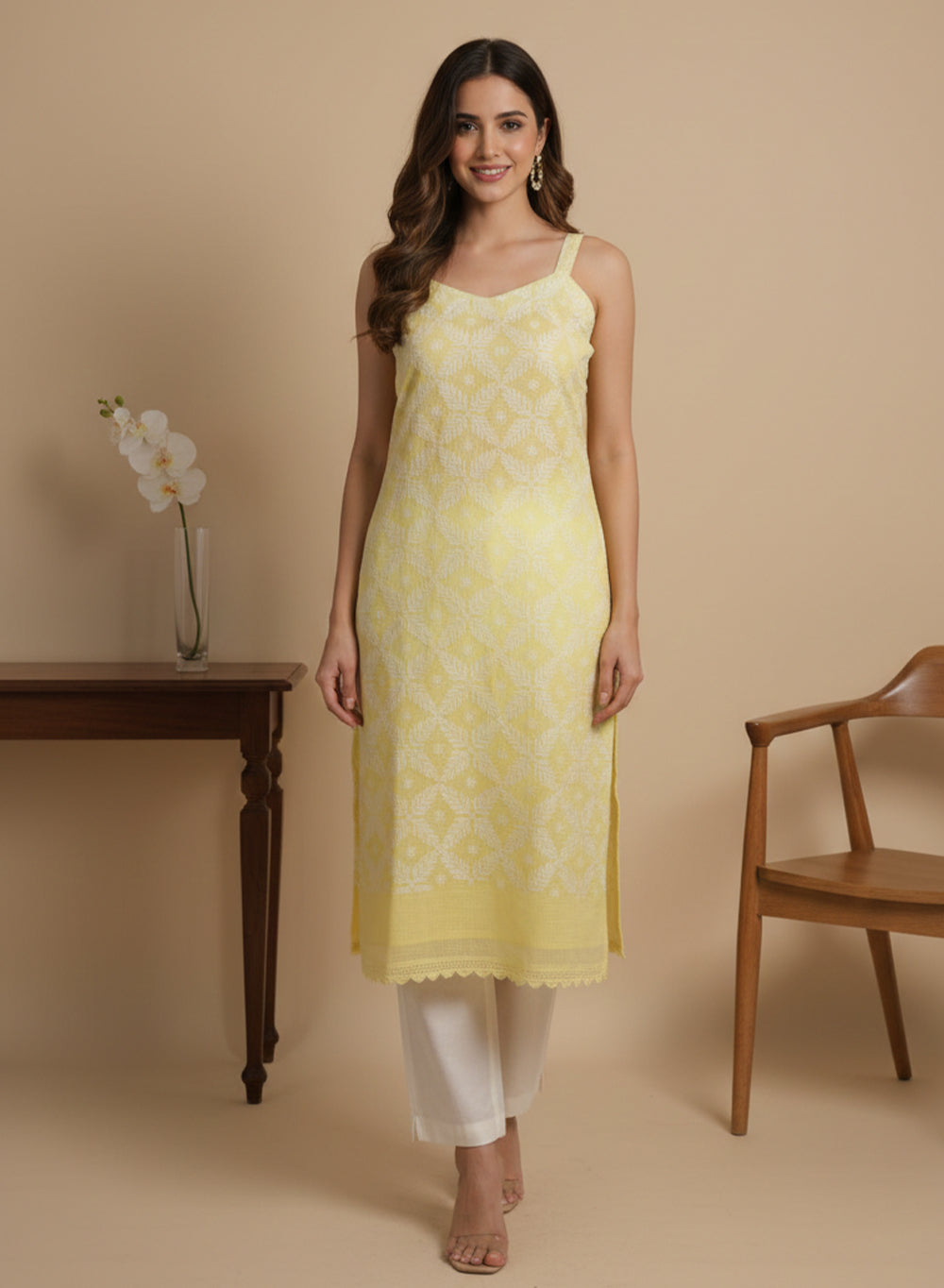 Surbhi Yellow Kota Cotton - Bahaar Noodle Strap Chikankari Kurta