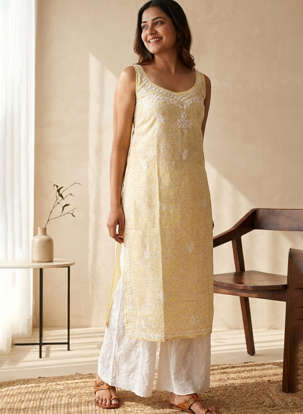 Surbhi Yellow Printed Mul Cotton - Bahaar Noodle Strap Chikankari Kurta