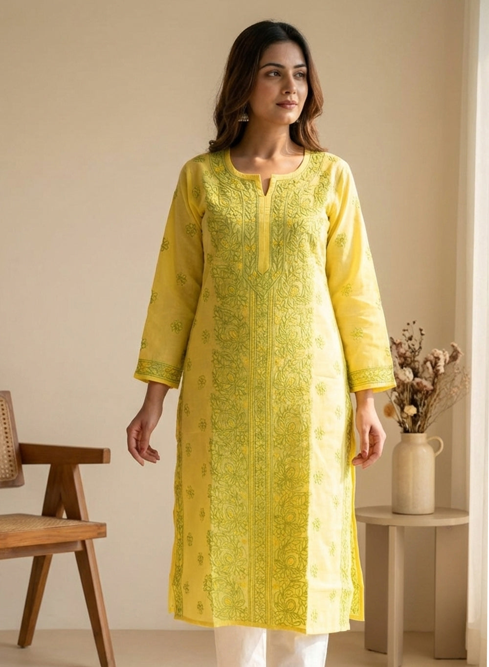 Bright Yellow With Green Thread - Cotton Terry Voile Bahaar Chikankari Kurta
