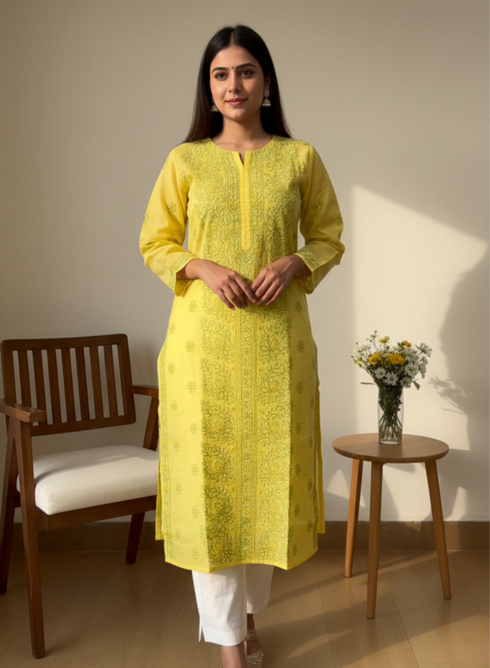 Bright Yellow With Green Thread - Cotton Terry Voile Bahaar Chikankari Kurta