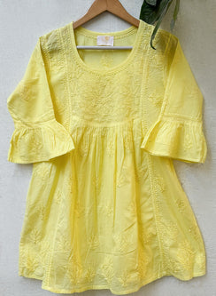 Yellow Bell Sleeves - Pure Cotton Gulshan Chikankari Short Top