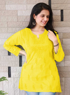 Yellow Checks - Gulshan Cotton Chikankari Short Top