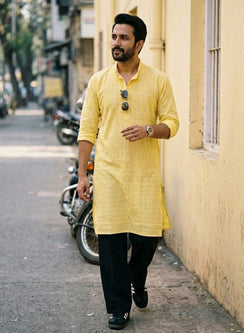 Yellow - Nawab Cotton Vertical Design Front Jaal Chikankari Long Kurta