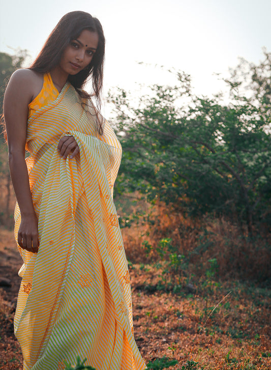 Yellow Lehariya - Kota Aks Cotton Chikankari Saree