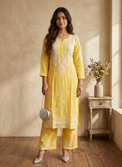 Yellow - Modal Nargis Chikankari Co-ords Set With White Thread Embroidery