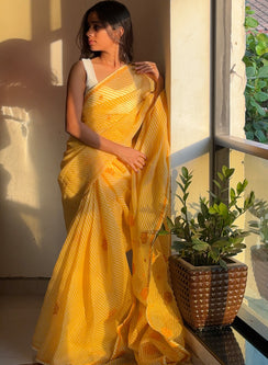 Yellow Lehariya - Kota Aks Cotton Chikankari Saree
