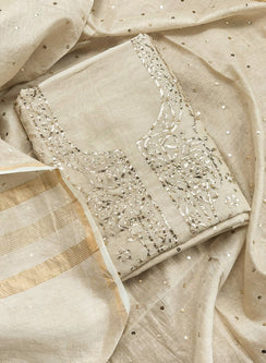Zaara - Nayaab Beige Tissue Chanderi Chikankari Kurta & Dupatta Fabric (Unstitched)