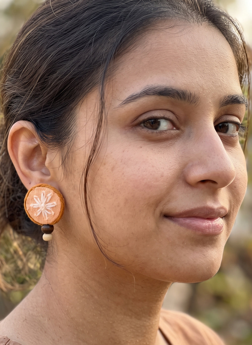 Orange Hand-Embroidered Floral Circular Studs with Wooden Bead Drops