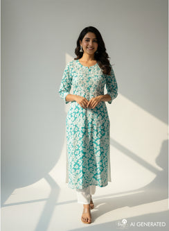 Gul-daar Turquoise - Bahaar Mul Cotton Chikankari Kurta