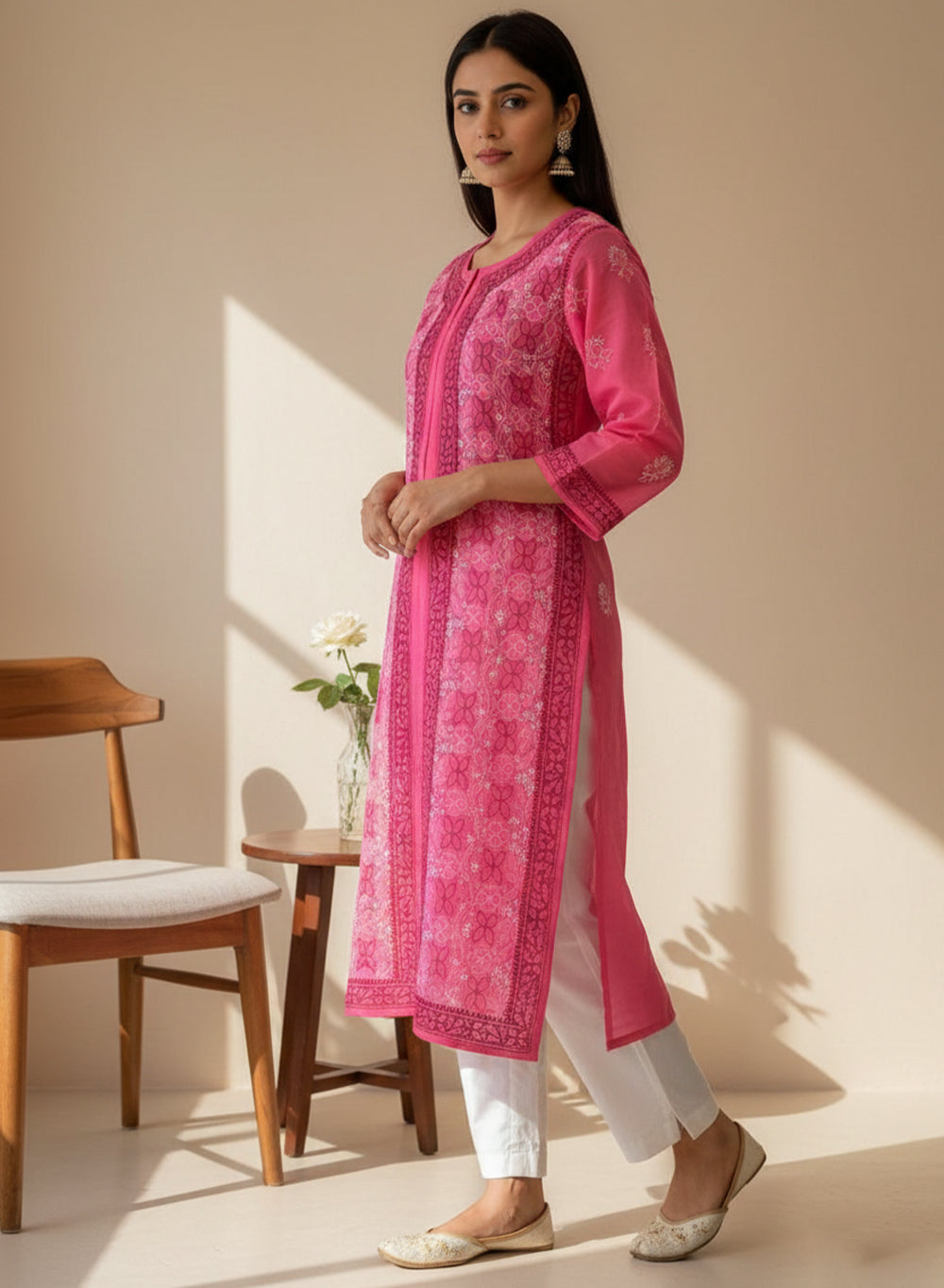 Hot Pink - Bahaar Front Slit Cotton Terry Voile Chikankari Kurta