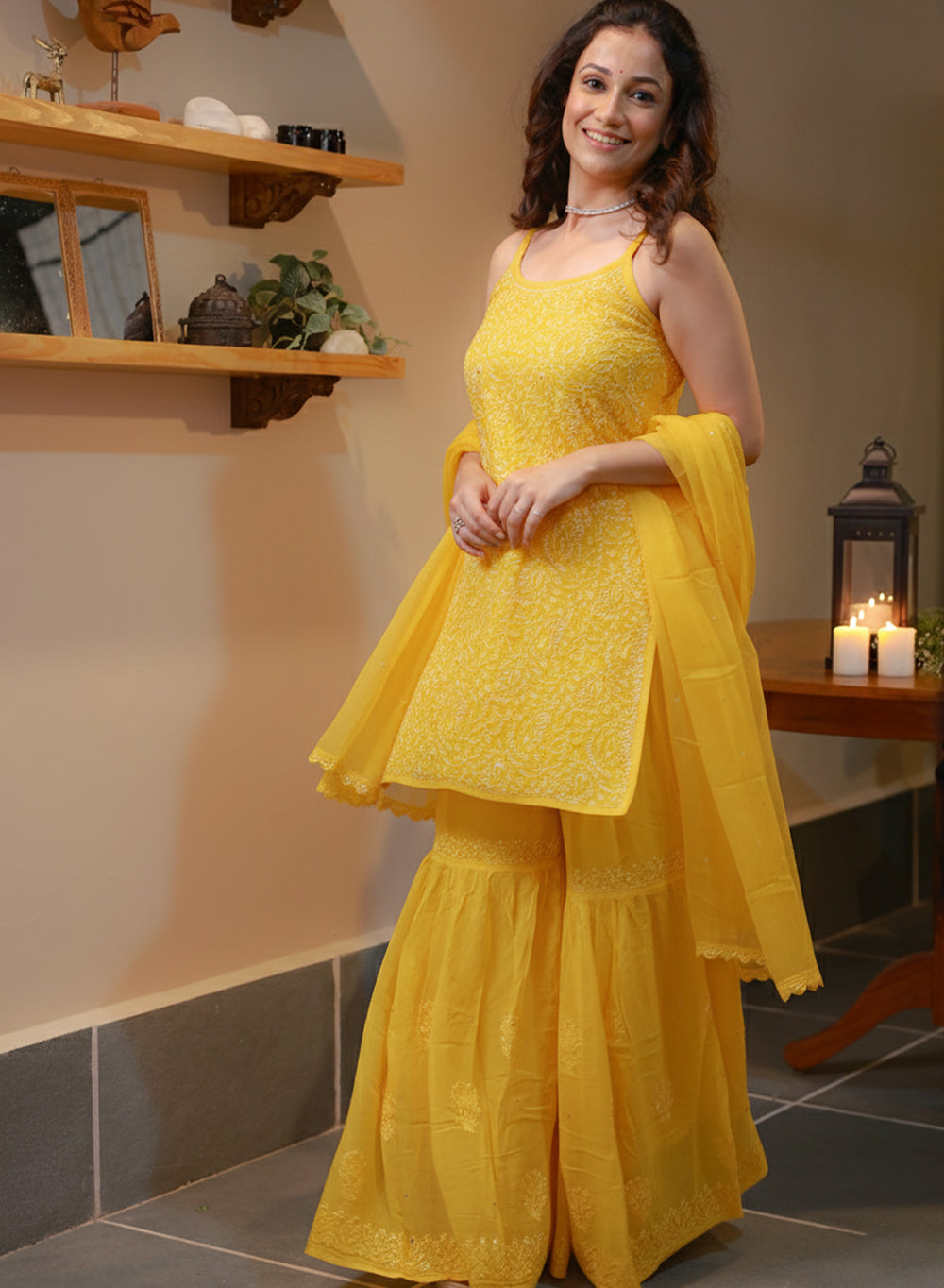 Kanak Mango - Nargis Viscose Noodle Strap Chikankari Kurta & Gharara Set