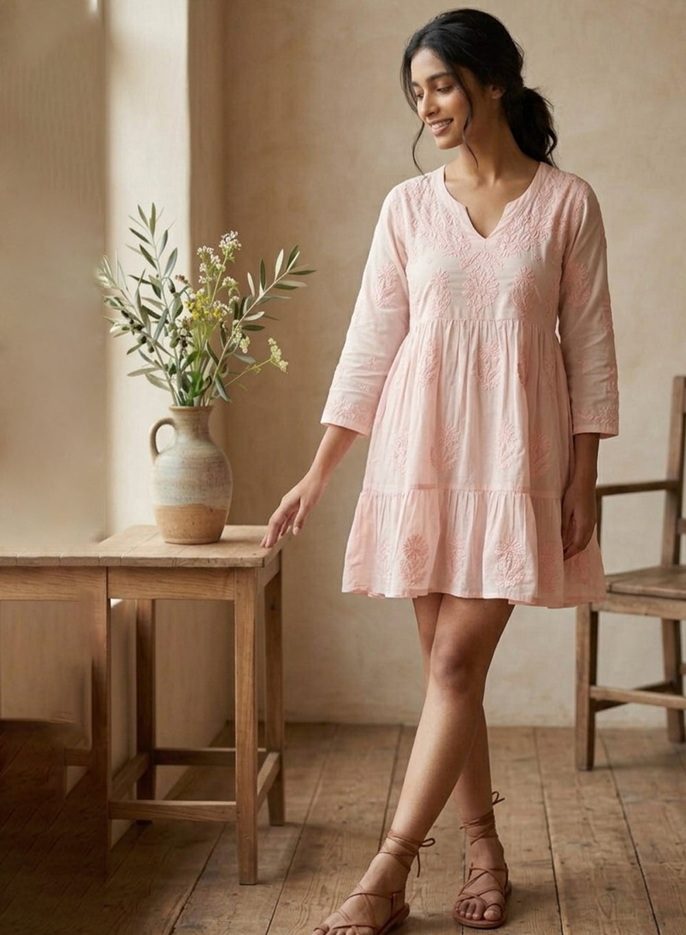 Diva Peach A-Line Muslin Chikankari Dress