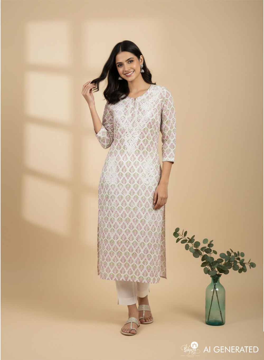 Pink & Green Floral - Bahaar Mul Cotton Chikankari Kurta