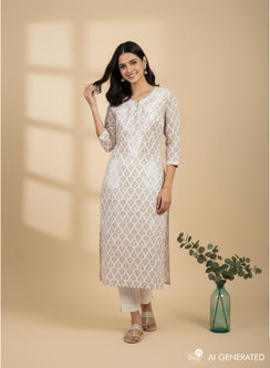 Pink & Green Floral - Bahaar Mul Cotton Chikankari Kurta
