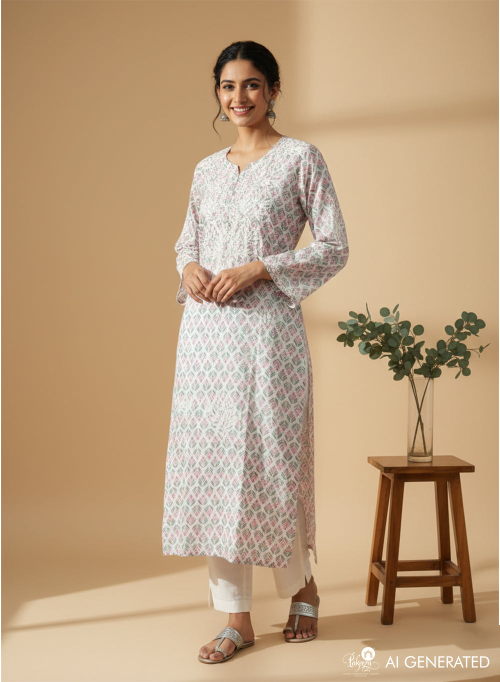 Pink & Sea-Green Floral - Bahaar Mul Cotton Chikankari Kurta