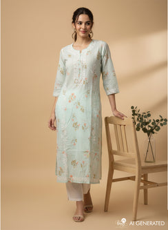 Floral Sea-Green - Bahaar Mul Cotton Chikankari Kurta