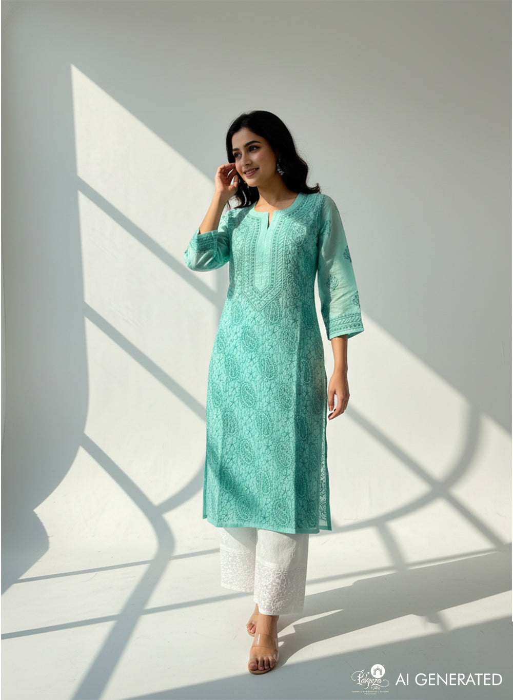 Turquoise - Bahaar Cotton Terry Voile Chikankari Kurta