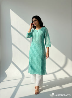 Turquoise - Bahaar Cotton Terry Voile Chikankari Kurta