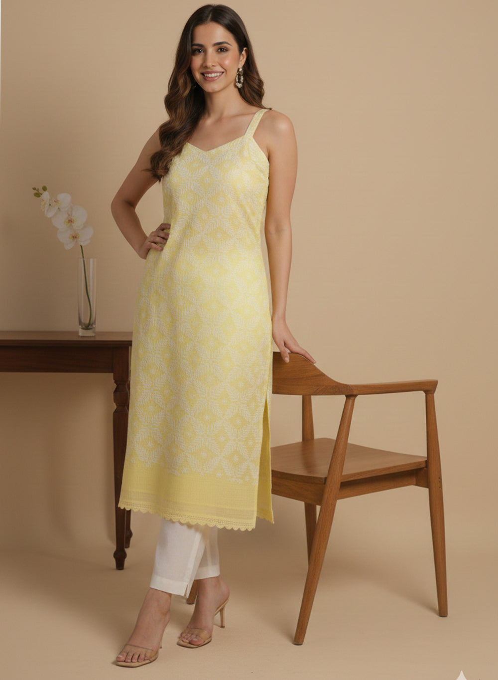 Surbhi Yellow Kota Cotton - Bahaar Noodle Strap Chikankari Kurta