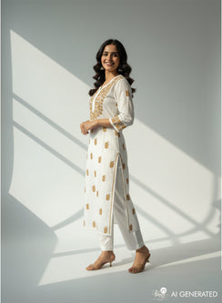 White & Mustard - Bahaar Mul Cotton Chikankari Kurta